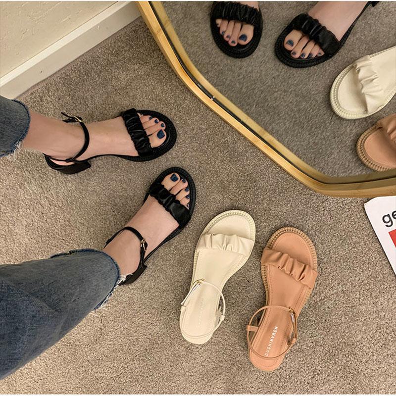 Women's Summer Chunky Heel Sandals Simple All Match Open Toe High Heels Solid Color Pleated Non-slip Sandals