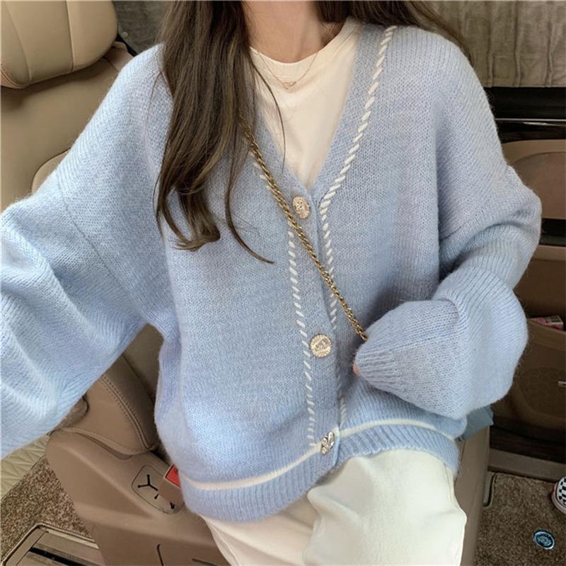 Retro Solid Color Knitted Cardigan Sweater Women Loose Jacket Autumn  Winter All-match Jacket Women's Outer Wear