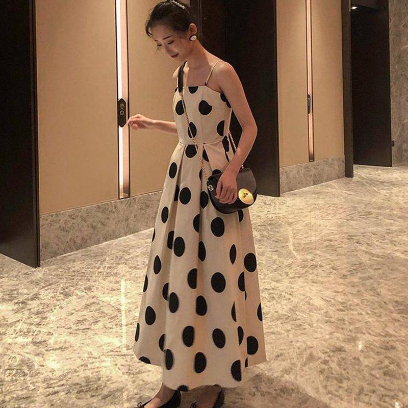 2020 Long Split Vestidos Women Straps Sleeveless Summer Sundress Polka Dot Printed Dress Female