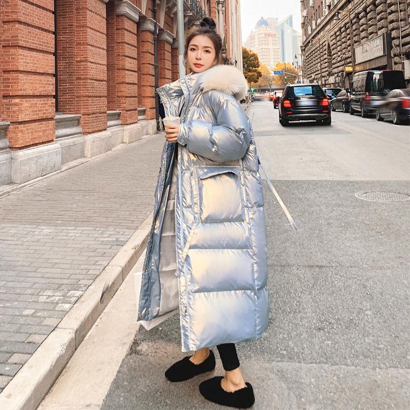 Women's Winter Padded Coat with Fluffy Fur Collar Mid-length Bread Coat Large Size Cotton Coat  Thickened Bright Face Down Padded Jacket