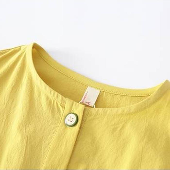 Children Dress Spring Summer O-neck Kids Clothing  Baby Girls Clothing Button Pockets Short Sleeve Dress Girl