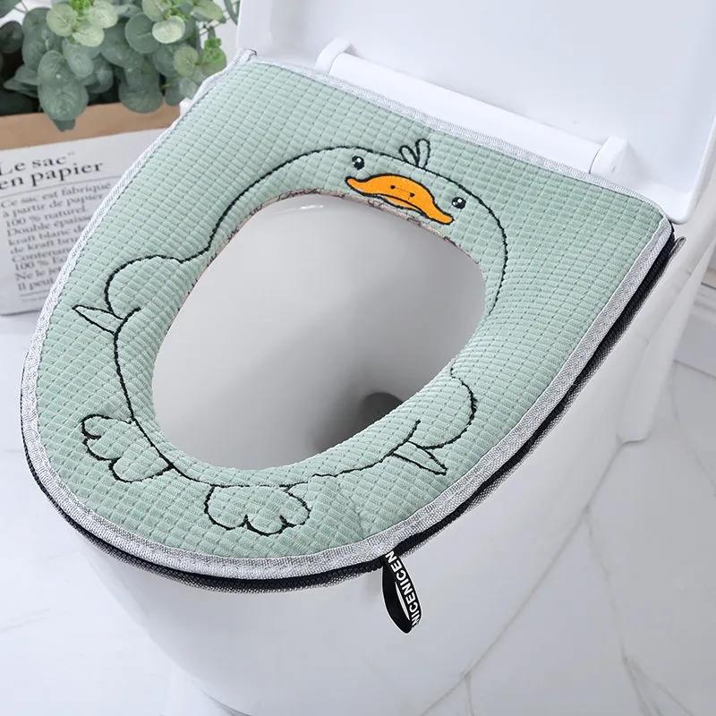 Winter Toilet Seat Covers Thick Fleece Warm Toilet Seat Cushion Washable Toilet Seat Mat Cartoon Duck Cute Soft Lavatory Pad Handle Pink Yellow