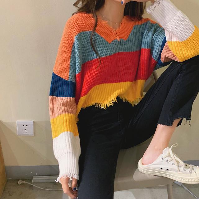 Loose College Style Knitwear for Women Early Autumn Rainbow Stripe Splicing Color Sweater Fringed Short Blouse