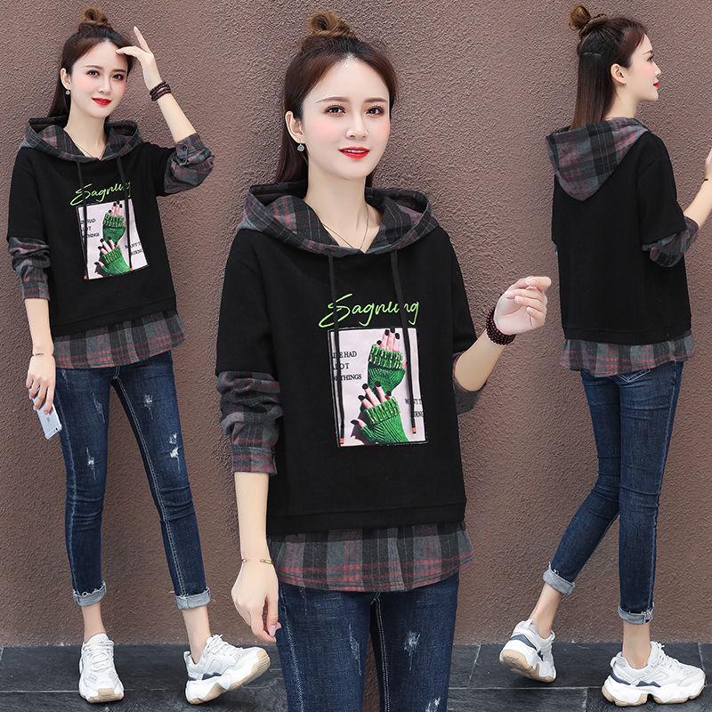 Fake Two Piece Stitching Hooded Sweater Spring and Autumn Loose Long-sleeved Casual Blouse Women