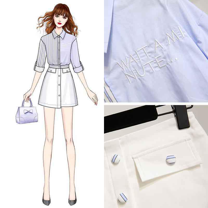 Women Blue Long Sleeve Striped Shirt+White Sexy Skirt 2pcs Office Lady Shirt Skirt Suit