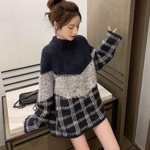 Autumn and Winter Round Neck Long-sleeved Shirt Contrast Color Plaid Sweater Women Loose Stitching Sweater Fashion Design