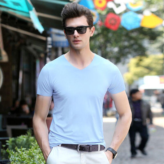 Summer Men's Ice Silk Seamless Short-sleeved Solid Color Stretch Men's T-shirt V-neck Quick-drying Thin Section Slim Half-sleeved Bottoming Shirt