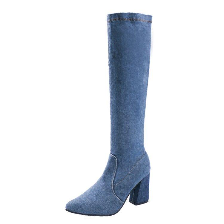 High Boots Female Pointed High-heeled Hole Denim Skinny Legs Over The Knee Boots Single Boots 35-42