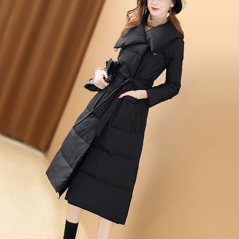 Over The Knee Long Ladies Imitation Down Jacket Winter Black Simple Lace Waist Thick Padded Jacket