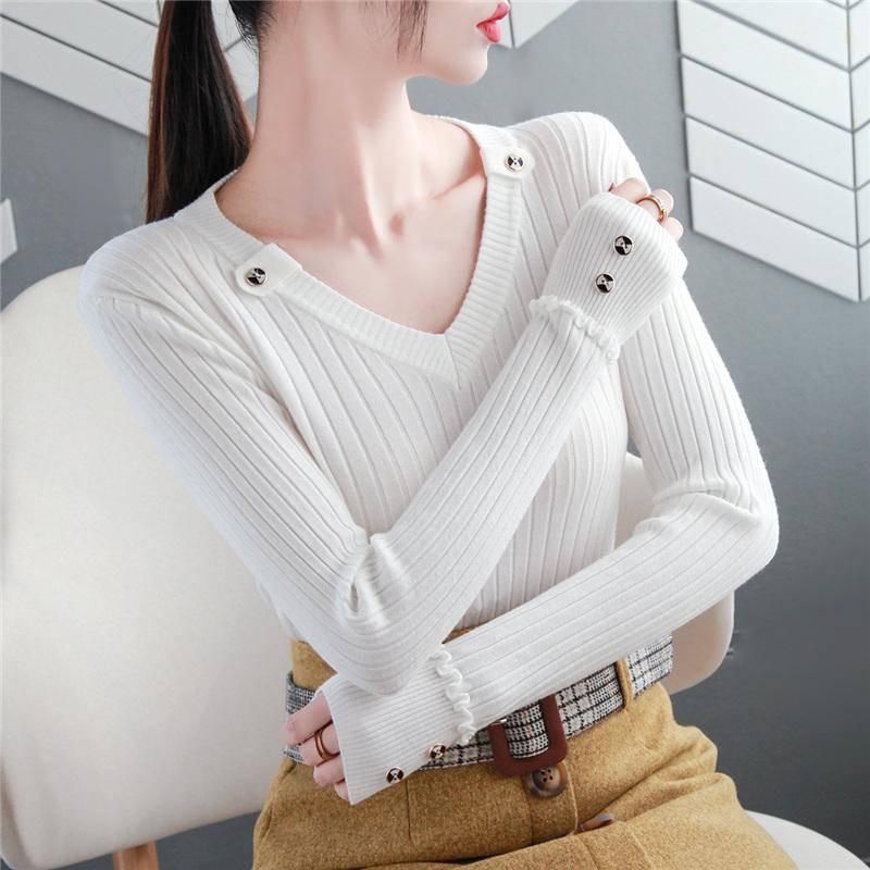 Women  Sweater Solid Slim V-Neck Warm Knitwear Winter Long Sleeve Turtleneck Top