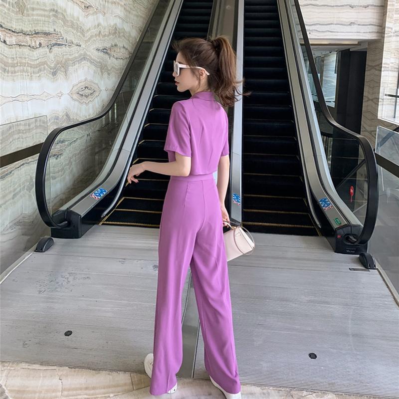 Summer Short Double-breasted Blouse with Wide Leg Trousers Suit Women's Casual Purple Two-piece Suit Women's Casual Suit Chiffon Fabric