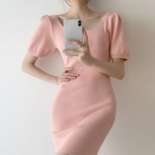 2021 New Short Sleeve Solid Vintage Women Dress Korean Knit Stretch Waist Elegant Dresses O Neck Bodycon