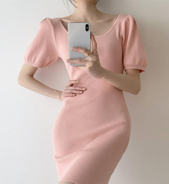 2021 New Short Sleeve Solid Vintage Women Dress Korean Knit Stretch Waist Elegant Dresses O Neck Bodycon