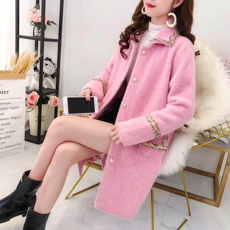 Autumn and Winter Models of Mink Fleece Knitted Jacket Mid-length Navy Collar Coat Coat Trendy Jacket Women