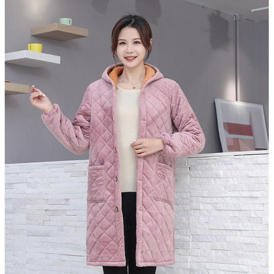 Women's Three-layer Thickened Hooded Cotton Coat Outerwear Winter Mid-length Plaid Sequins jacket Loose Home Wear Pregnancy Clothing