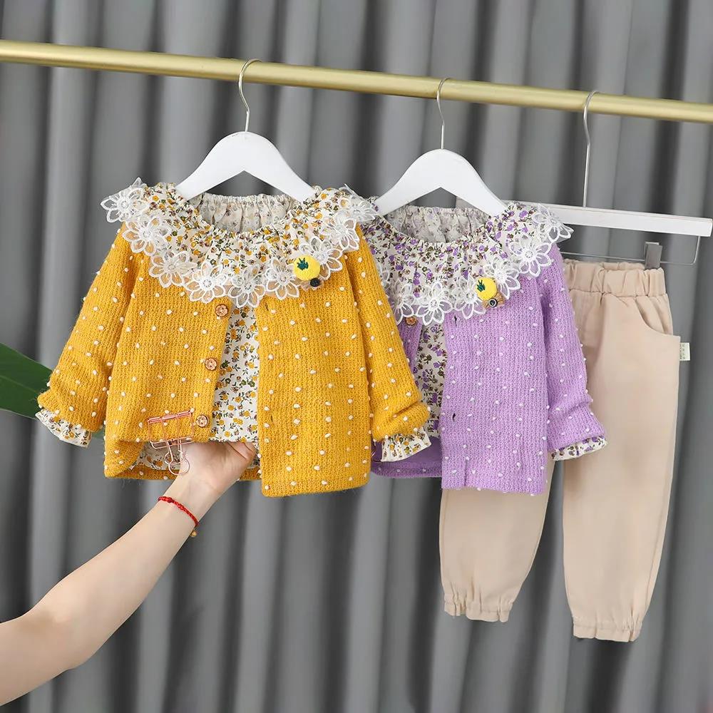 Three-piece Girls Spring and Autumn Suits Girls Baby Knitted Jackets Little Girls Clothes