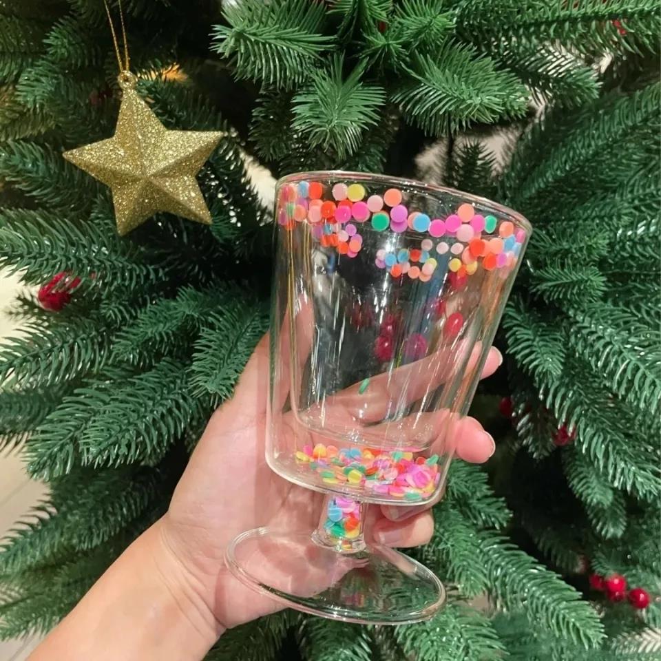 Korean Version of Ins Girl Creative Cute Double Glass Cup Goblet Flowing Color Film Water Cup New Year Gift Cup