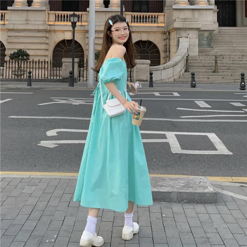 Women's Summer Solid Color Skirt Puff Sleeve Dress V-neck Midi Skirt