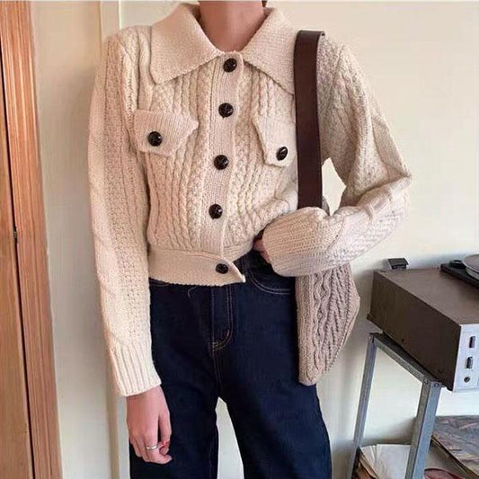 Twist Sweater Short Jacket Women Spring and Autumn Retro Hong Kong Style Jacket Loose Wild College Style Sweater Cardigan