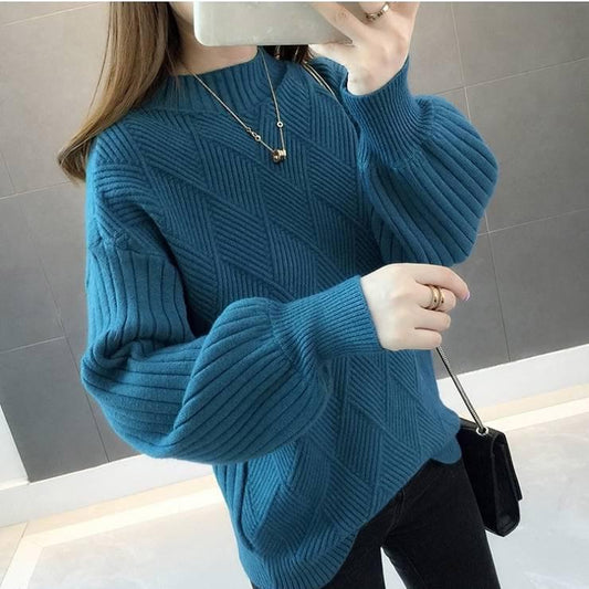 Casual Turtleneck Sweater Woman Winter Knitting Pullovers Lantern Sleeve Knitted Solid Jumper Women