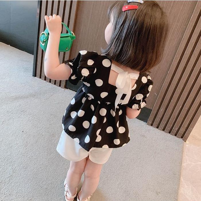 2PCS Children Clothing Set Spring Summer Girls Printing Suits Dot Short Sleeve Ruffle Tops + Pants Clothing Set