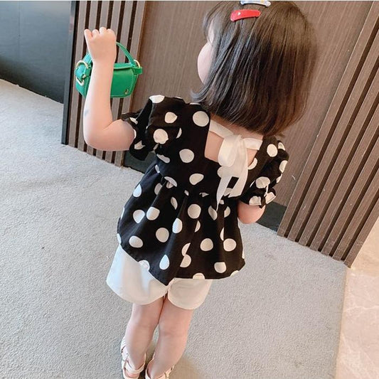 2PCS Children Clothing Set Spring Summer Girls Printing Suits Dot Short Sleeve Ruffle Tops + Pants Clothing Set