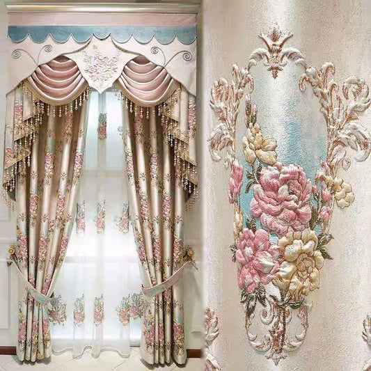 European-style High-end Embossed Embroidered Curtains Blackout Curtains for Living Room and Bedroom (150×270cm)