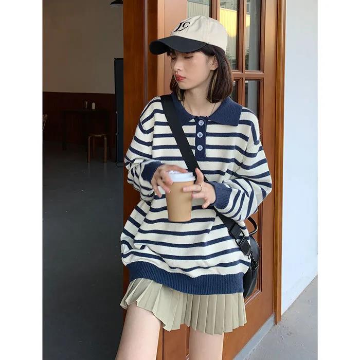 College Style Polo Collar Striped Sweater Female Student Autumn and Winter Casual Loose and Lazy Pullover Sweater Top Outer Wear