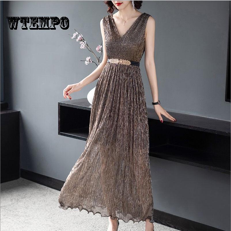 WTEMPO  Long Dress Female V-neck Sexy Dresses Summer Thin Pleated High Waist Vest Clothing