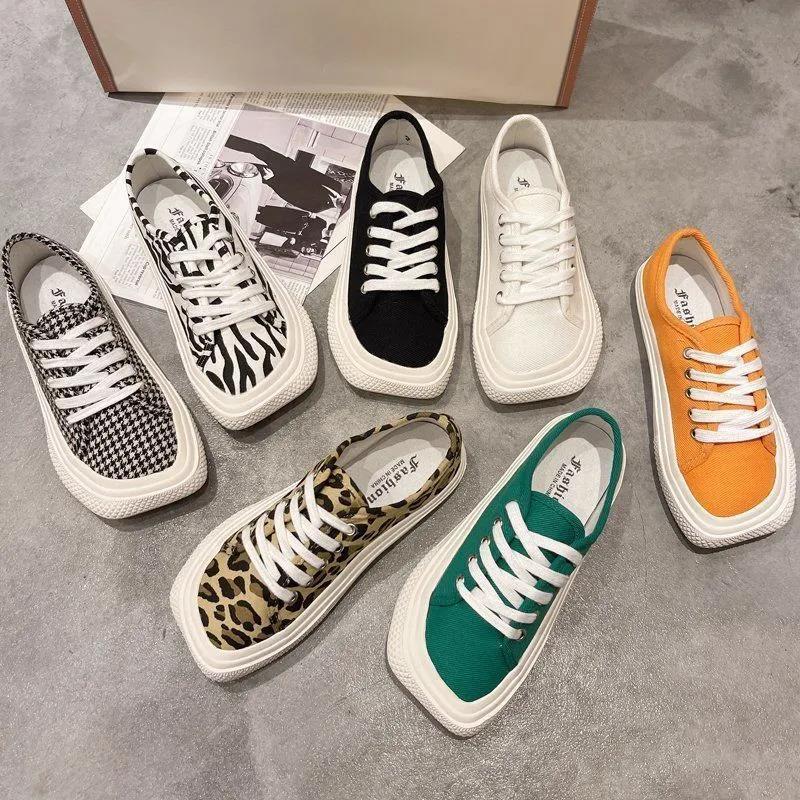 Canvas Shoes Female Students Korean Version of Mango Head Spring Leopard Print Flat Bottom All-match Casual Shoes White Shoes