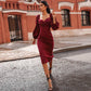 Pofulove Women Retro V-neck Long Sleeve Dress Sexy Slim Long Dress Over Knee Solid Color Hip Dresses