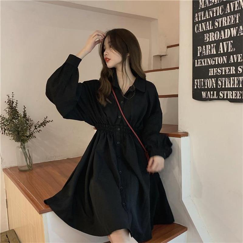 Woman Dress Long Sleeve Turn-down Collar Solid Sweet Elastic Waist Simple Elegant Pleated Streetwear