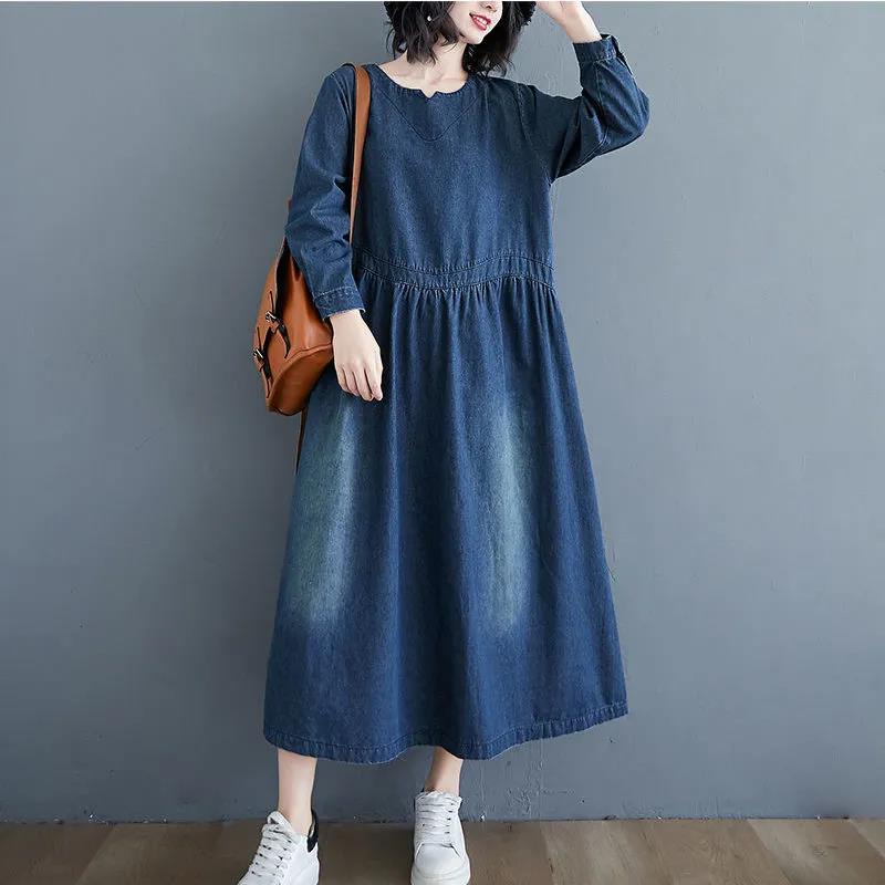 Denim Dress Women's Long-sleeved Spring and Autumn Loose Over-the-knee Dress