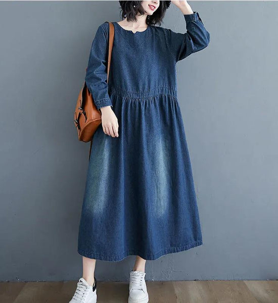 Denim Dress Women's Long-sleeved Spring and Autumn Loose Over-the-knee Dress