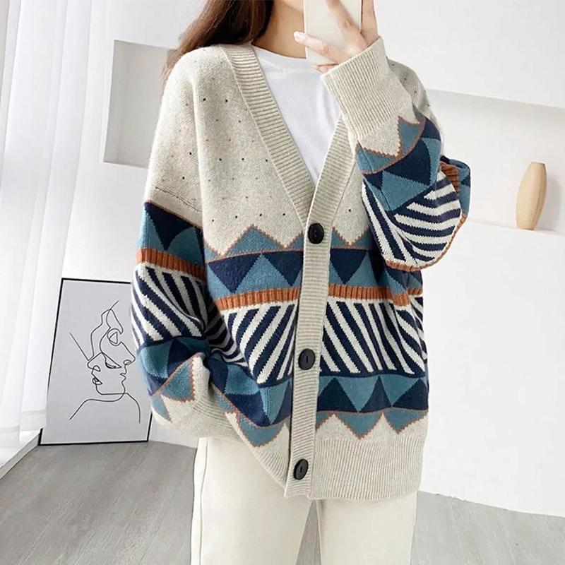 2021 Spring and Autumn Sweater Cardigan Jacket Women's Knitwear Loose Outer Wear Color Blocking V-neck Top