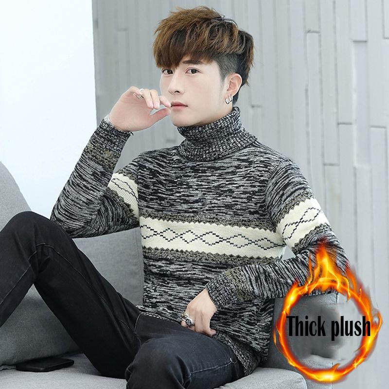 Men's Turtleneck Sweater Solid Knitted Mens Sweaters Casual Slim Pullover Male Double Collar Top