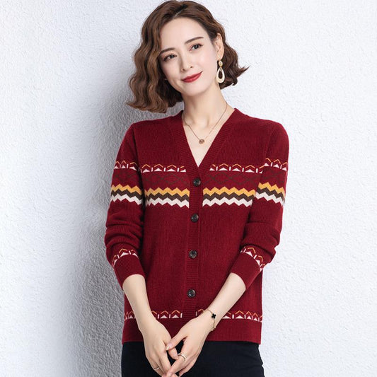 Autumn and Winter Printed Cardigan Women's Plus Size Casual Sweater Coat High-end Wool Sweater