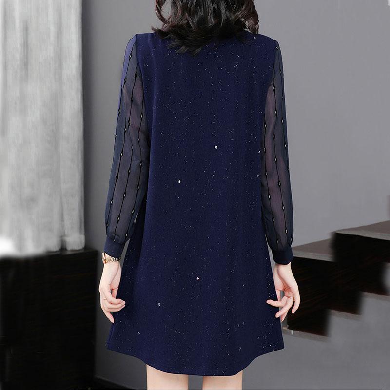 Women Black Blue Dress Solid Color Sequins Tulle Long Sleeve O-neck Spring and Autumn Large Size Loose Knee-length Size L-XXXXXL