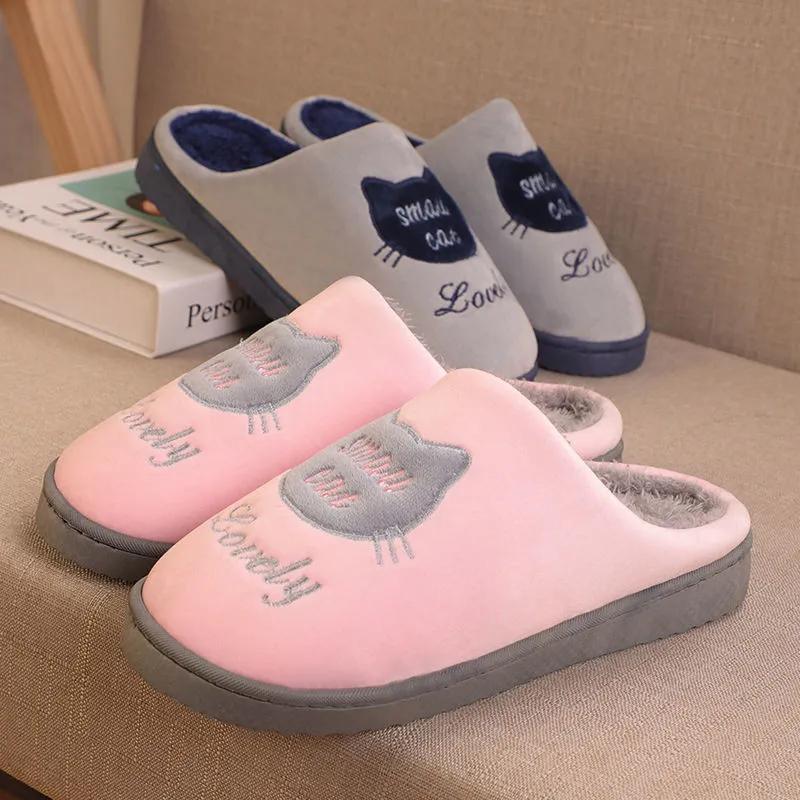 Women Slippers Pink Cute Cat Thick Fleece Warm Home Indoor Couples Plus Size Cotton Shoes Men Blue Slippers Non Slip