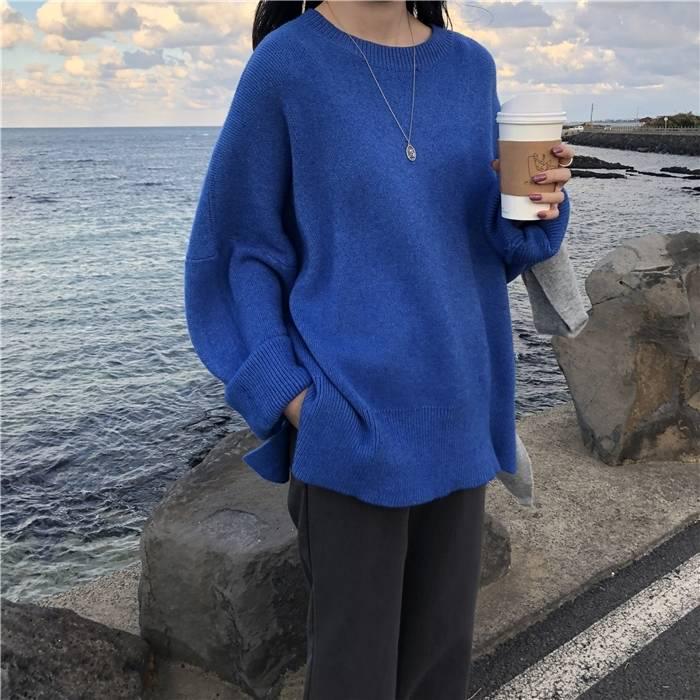 Pofulove  Autumn Winter Pullover Was Thin Sweater Loose Solid Color Split Fork Thick Knitted