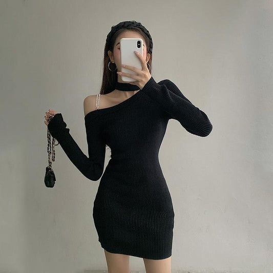 Knitted Dress Women's Bottoming Dress Bag Hip Skirt with Temperament Slim Sexy Strapless Long-sleeved Bottoming Skirt