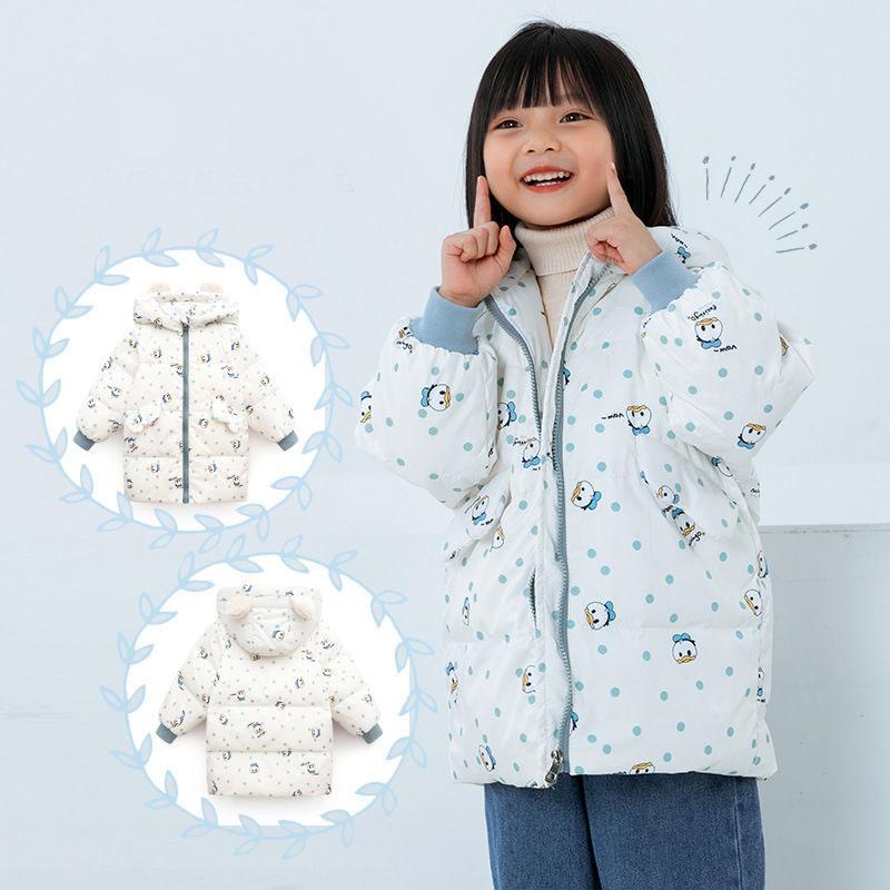 Girls White Duck Down Warm and Windproof Down Jacket Mid-length Cartoon Winter Thick Hooded Children's Clothing