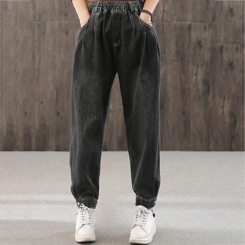 WTEMPO Plus Size Elastic Waist Women's Jeans Loose Wide Leg Straight  Denim Big Pocket Trousers