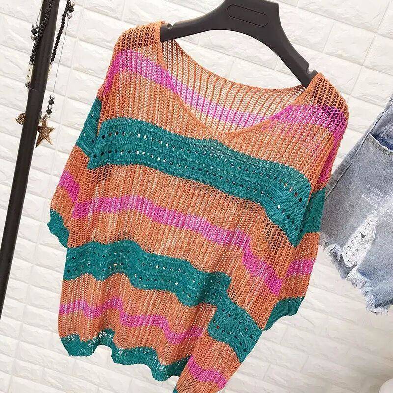 Women Spring and Summer Large Size Striped Knitwear Loose and Thin Pullover Sunscreen Hollow Out Blouse