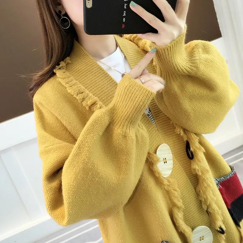 Pure Color Cardigan Knitwear Sweet Puff Sleeve Short Fall/Winter V-neck Sweater Jacket Women's Long Sleeve Warm Jacket