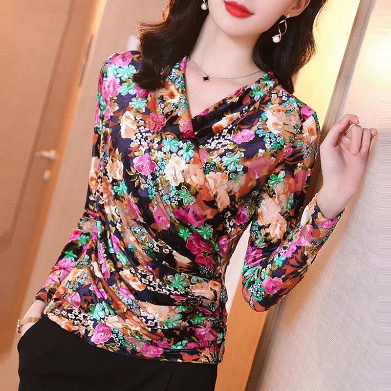 Women's T-shirt Spring Fall Vintage V-neck Long Sleeve Tee Casual Golden velvet Soft Top Pullover