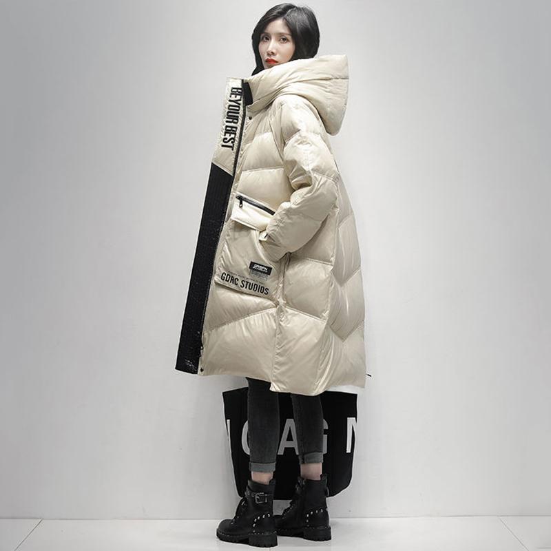 Women's Winter Korean Style Loose Quilted Coat Warm Stand-up Collar Down Jacket Women's Bright Face Long Down Jacket