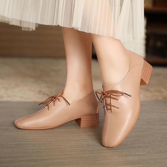 Soft Leather Single Shoes Women All-match Retro Mid-heel Shoes Thick Heel Soft Sole Pedal Casual Work Shoes Mid-heel Leather Shoes Women