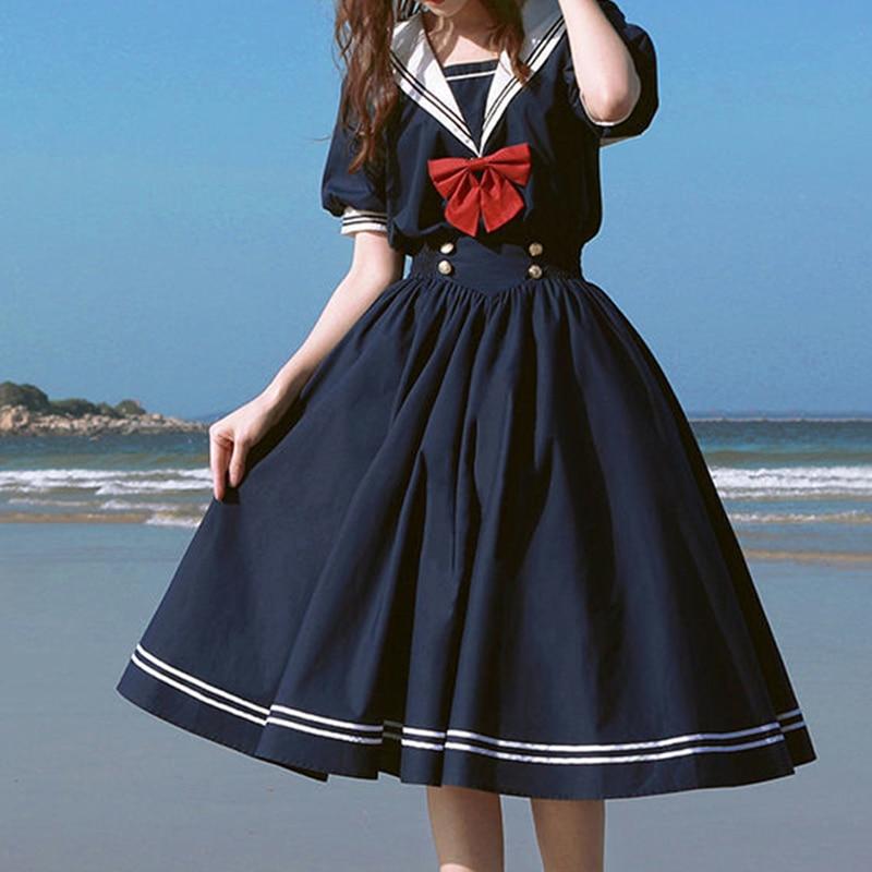 Sailor Collar Navy Dress Japanese Lolita Sweet Bow-knot Girl Retro Cotton Kawaii Preppy Style Short Sleeve Dress Women