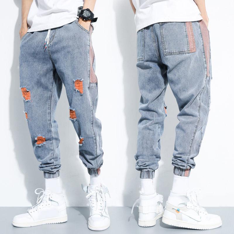 Ripped 9-point Jeans Men's Summer Leggings Pants Trendy Brand Loose Feet Pants Trendy Nine-point Pants